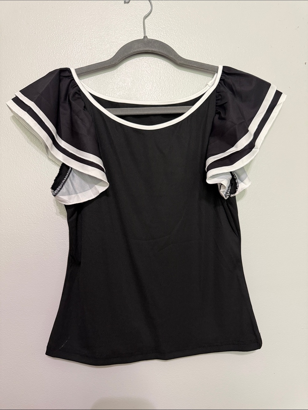 SHEIN Black Top with White Trim and Ruffle Sleeves